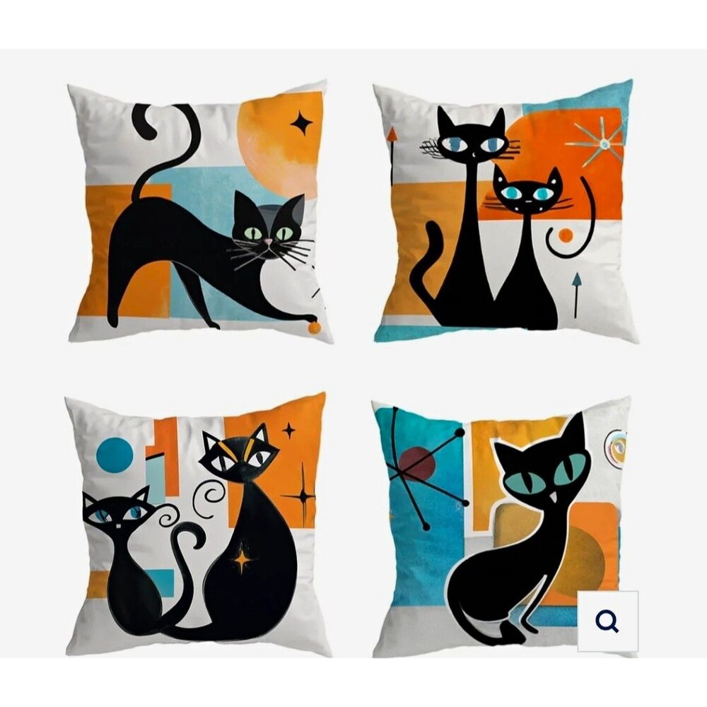 4 Mid Century Modern Black Cat Pillow Covers 18" x 18" Retro Atomic Kitsch MCM